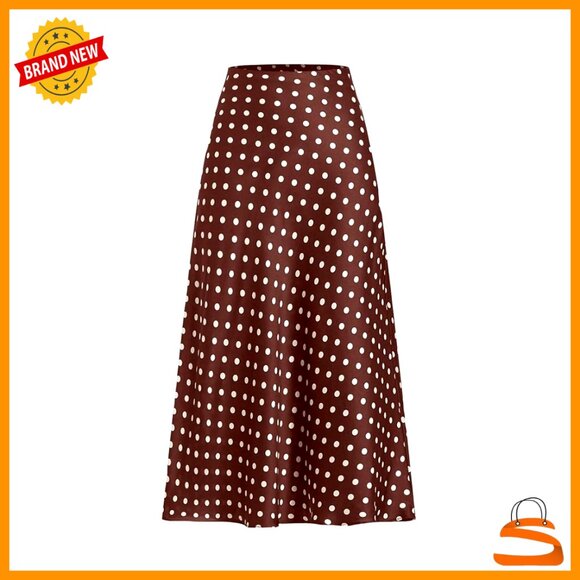 Dresses & Skirts - Satin Midi Skirt High Waisted Flowy Swing Vintage Polka Dot Silk Long